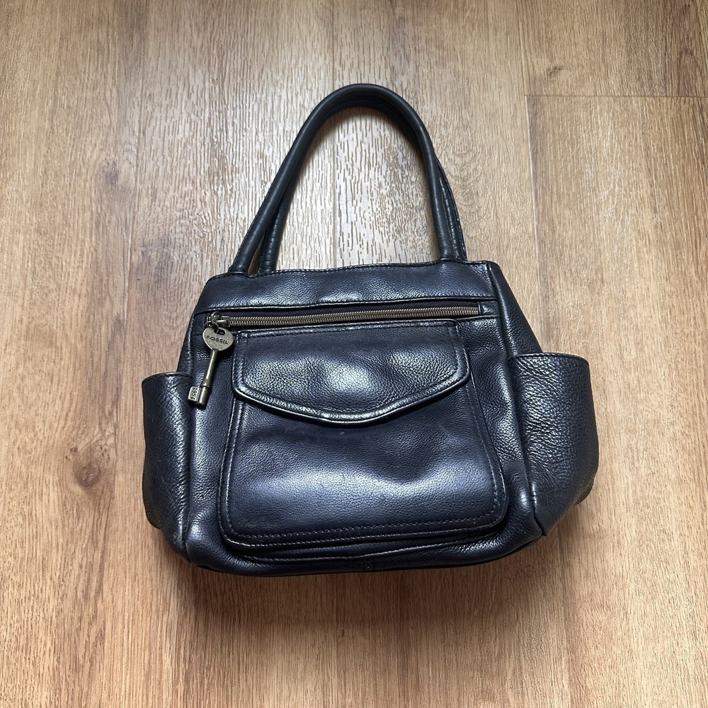 Vintage Fossil Black Leather Handbag‎ With Gold Hardware